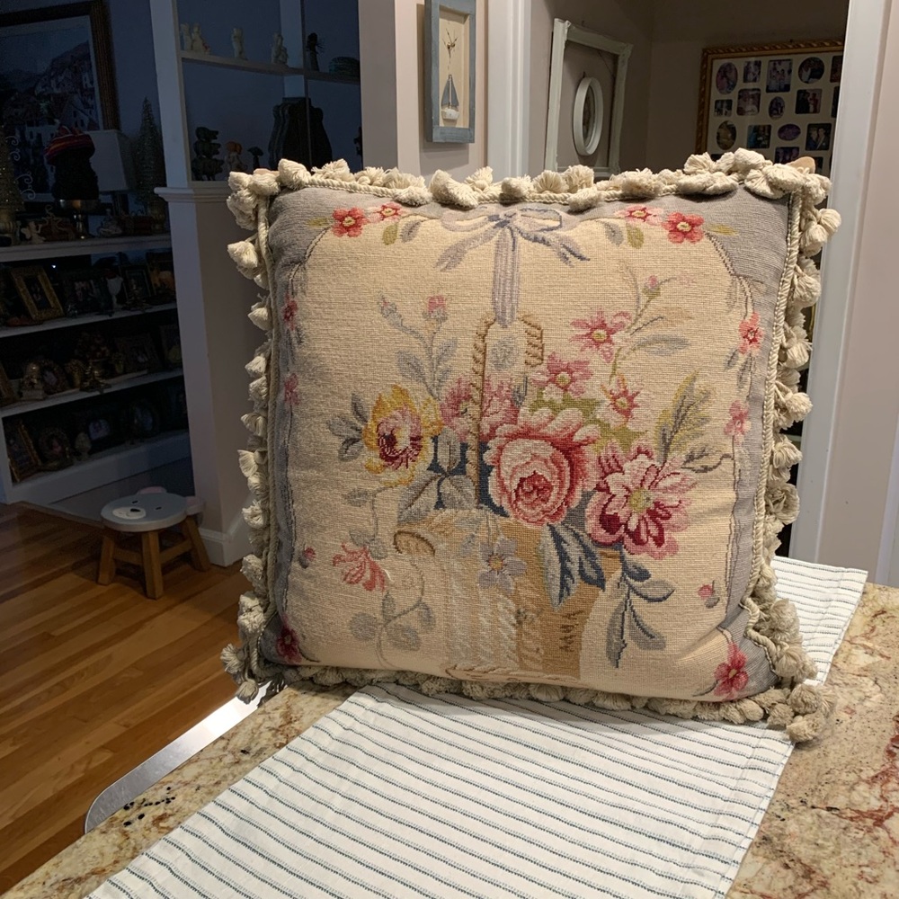 Vintage Needlepoint Basket of flowers Throw Pillow 20x20